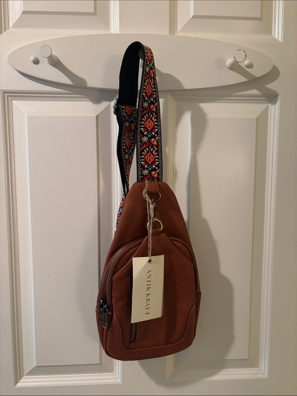 Antik Kraft Rust Brown Sling Bag with Patterned Strap